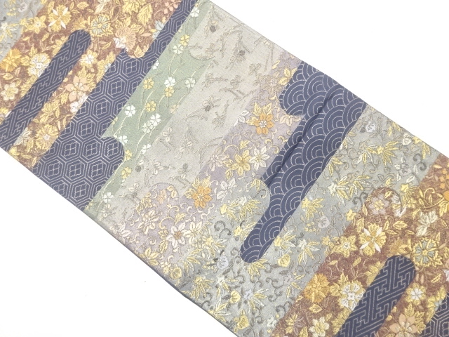 ヱ霞に青海波・花唐草模様織り出し　袋帯